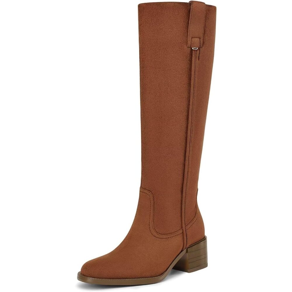 Women's Suede Brown Chunky Low Block Heel Round Toe Faux Leather Knee High Boots